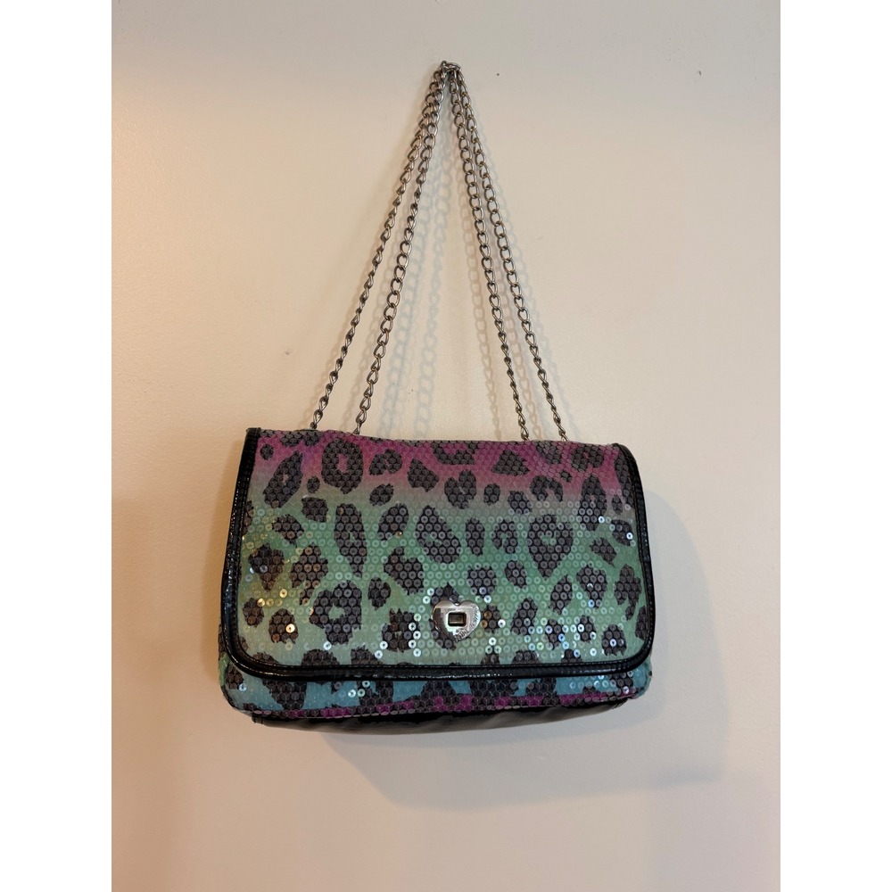 Betsey Johnson Leopard Sequin Shoulder Bag Purple Teal Heart Lock Chain Strap